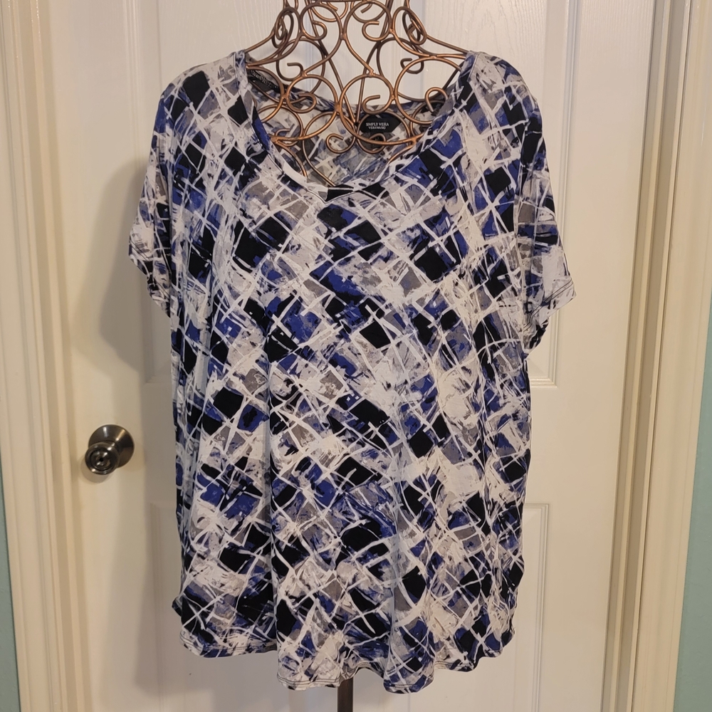 Simply Vera Vera Wang Blue and White Abstract Top Women's Size 1X